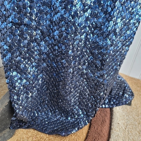 Cache Womens Sequin Blue Silver Maxi Formal Dress Prom Queen Slit Open Back Sz 4 - Picture 9 of 16